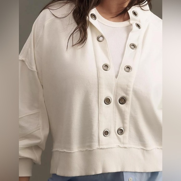 New Deep V Neck Popover Top Long Sleeve Crop Casual Pullover Metal Eyelet Front - Picture 2 of 11